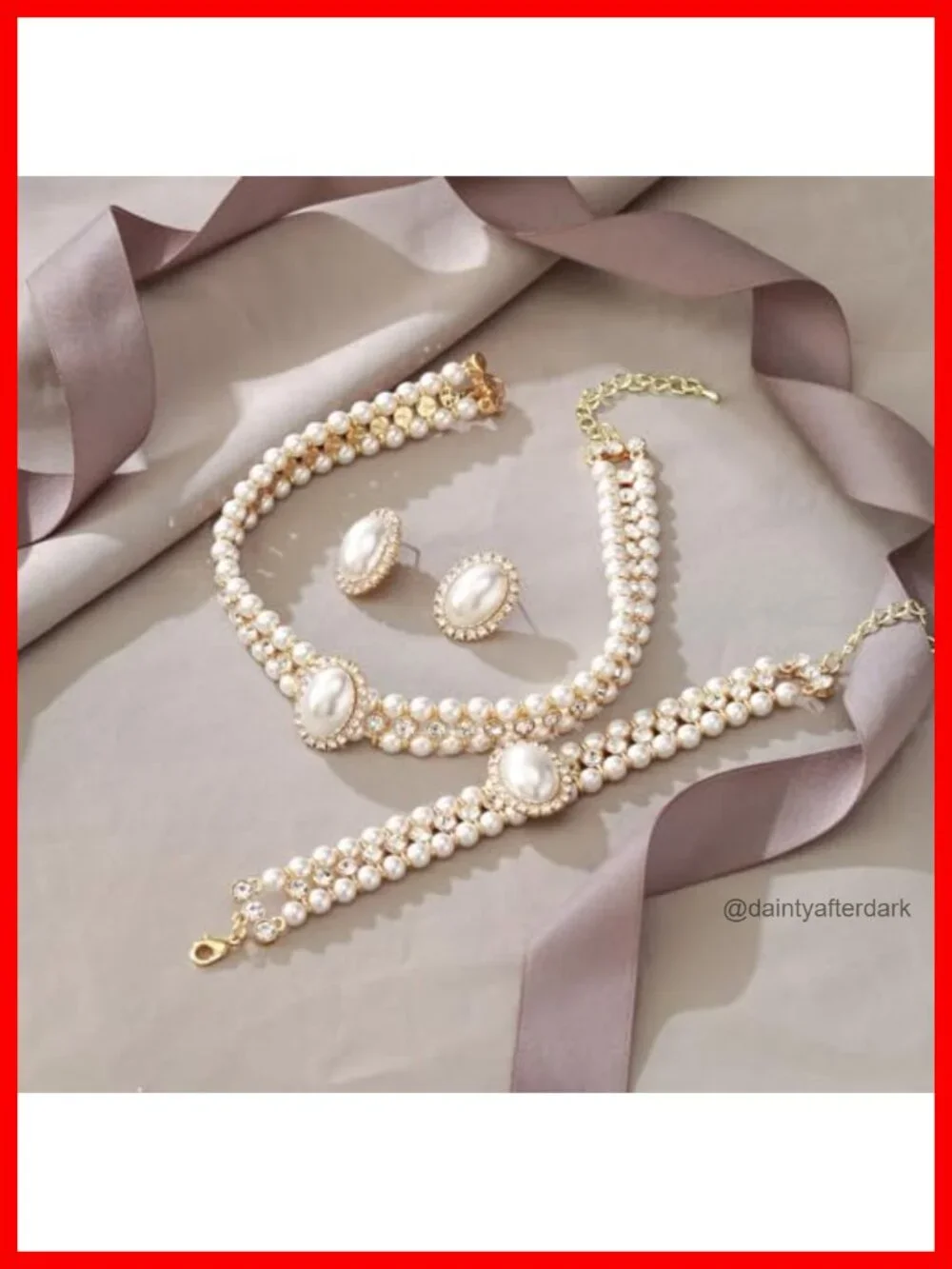 Vintage Inspired Crystal Simulated Pearl Choker Necklace Earrings Bracelet